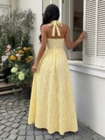 Women's Blue And White Striped Bandeau Strapless Tie Back Open Back A-Line Minimalist Premium Casual Vacation Sexy European And American Style Maxi Dress - Image 2