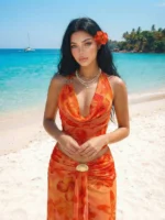Women's Summer Elegant Floral Print Backless Halter Neck Dress Vacation Pink Floral Tea Party For Everyday Wear