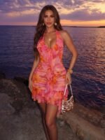 Women's Summer Elegant Floral Print Backless Halter Neck Dress Vacation Pink Floral Tea Party For Everyday Wear