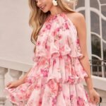 Women's Summer Elegant Floral Print Backless Halter Neck Dress Vacation Pink Floral Tea Party For Everyday Wear