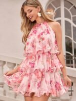 Women's Summer Elegant Floral Print Backless Halter Neck Dress Vacation Pink Floral Tea Party For Everyday Wear