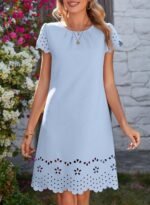 Womens Summer Dresses 2026 Short Sleeve Hollow Out Crewneck Pleated Front Casual Elegant Mini Dress - Image 4