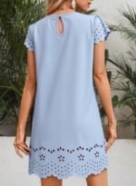 Womens Summer Dresses 2026 Short Sleeve Hollow Out Crewneck Pleated Front Casual Elegant Mini Dress - Image 2