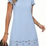 Womens Summer Dresses 2026 Short Sleeve Hollow Out Crewneck Pleated Front Casual Elegant Mini Dress
