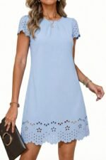 Womens Summer Dresses 2026 Short Sleeve Hollow Out Crewneck Pleated Front Casual Elegant Mini Dress