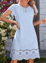 Womens Summer Dresses 2026 Short Sleeve Hollow Out Crewneck Pleated Front Casual Elegant Mini Dress - Image 3