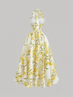 Women's Sleeveless Pleated Waist Elegant Retro Vintage 1960s 70s Midi Halter Dress, White Summer Holiday Tea Party Picnic Vacation Floral Print Sun - Image 2