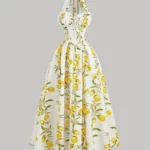 Women's Sleeveless Pleated Waist Elegant Retro Vintage 1960s 70s Midi Halter Dress, White Summer Holiday Tea Party Picnic Vacation Floral Print Sun