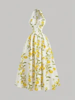 Women's Sleeveless Pleated Waist Elegant Retro Vintage 1960s 70s Midi Halter Dress, White Summer Holiday Tea Party Picnic Vacation Floral Print Sun