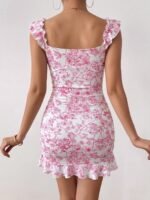 Women Boho Tie Front Ruched Floral Corset Dress Sexy Ruched Floral Ruffle Mini Dress - Image 2